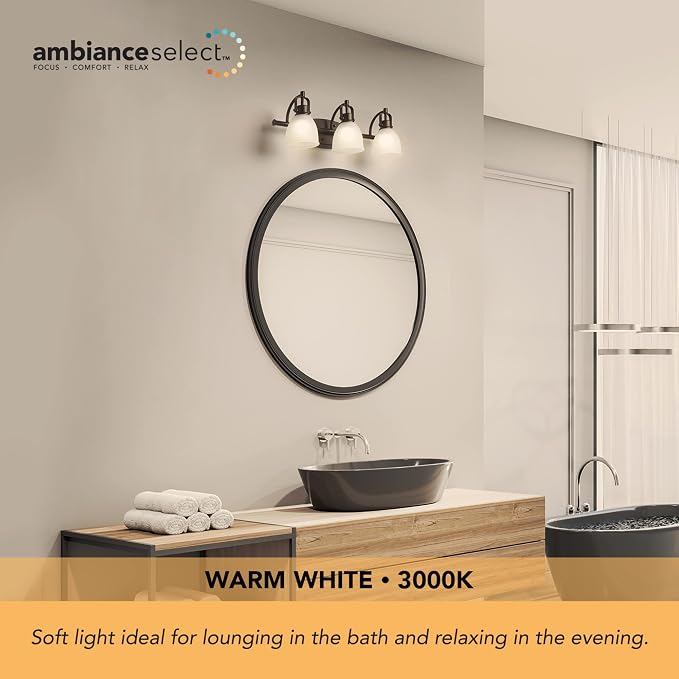 Globe Electric 52090 Gilroy 3-Light 25W Integrated LED Vanity Light with Selectable Color Temperature, Matte Black, Frosted Glass Shades, 1780 Lumens, 3000K-4000K-5000K Switch, Energy Star Certified