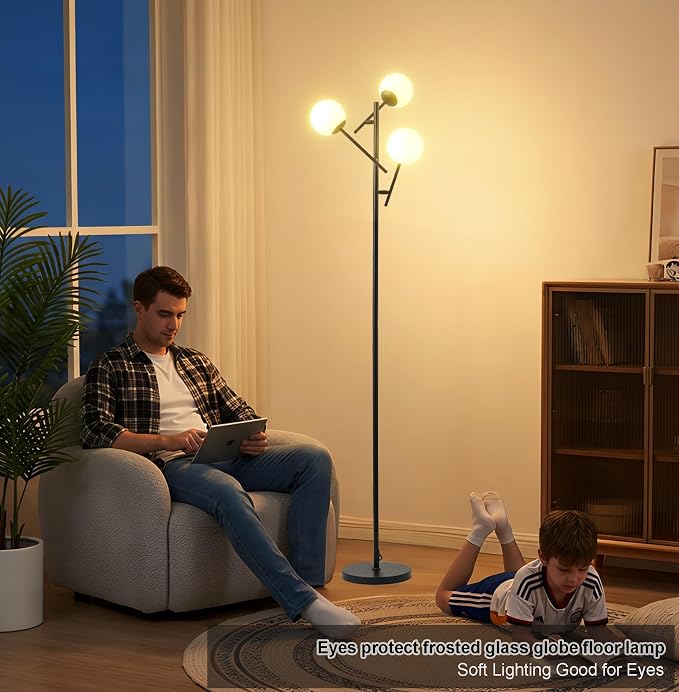 Fiqevs 3 Globe Floor Lamp for Living Room, Swing Arms Standing Tree Lamp | 3000K Warm White Light, 3 LED Bulbs Included, Adjustable Orb Glass Shade Mid Modern Lamp for Bedroom/Office, Matt Black