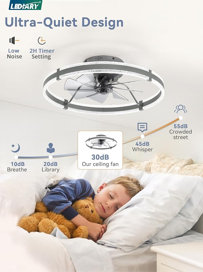 LEDIARY 24'' Modern Low Profile Ceiling Fans with Lights and Remote, Gray | 3000-6000K Dimmable LED, 6 Wind Speeds, Quiet Reversible DC Motor, Small Flush Mount Fandelier for Bedroom, Living Room