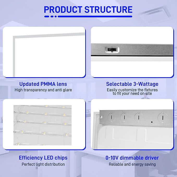 hykolity 2x4 LED Flat Panel Light,30W/40W/50W Dimmable,Drop Ceiling 2 Pack | Selectable Watts 0-10V Dimmable 5000K Daylight 6500LM ETL Recessed Light for Office Classroom Garage Replaces 3-Lamp Fixture