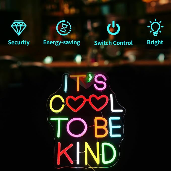 Neon Sign, HSJNJKFU It's Cool To Be Kind Neon Signs for Wall Decor Led Light up Signs for Classroom, Room, Library, Office, Party, Man Cave Home Decor - Led Sign USB Powered
