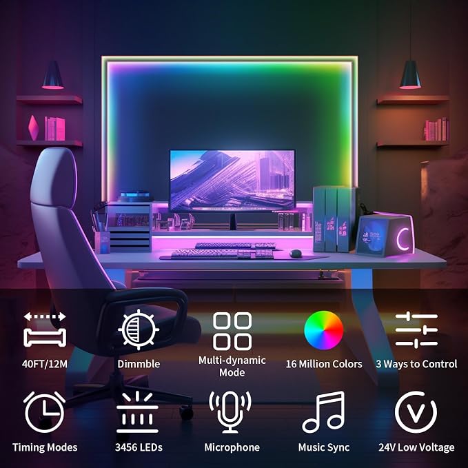 40ft COB RGB+IC LED Strip Lights, Bright Dream Color（2 Rolls） | COB LED Light Strip with RF Remote App Control Music Sync Color Changing for Game Room Bedroom Kitchen Lighting Home Decor