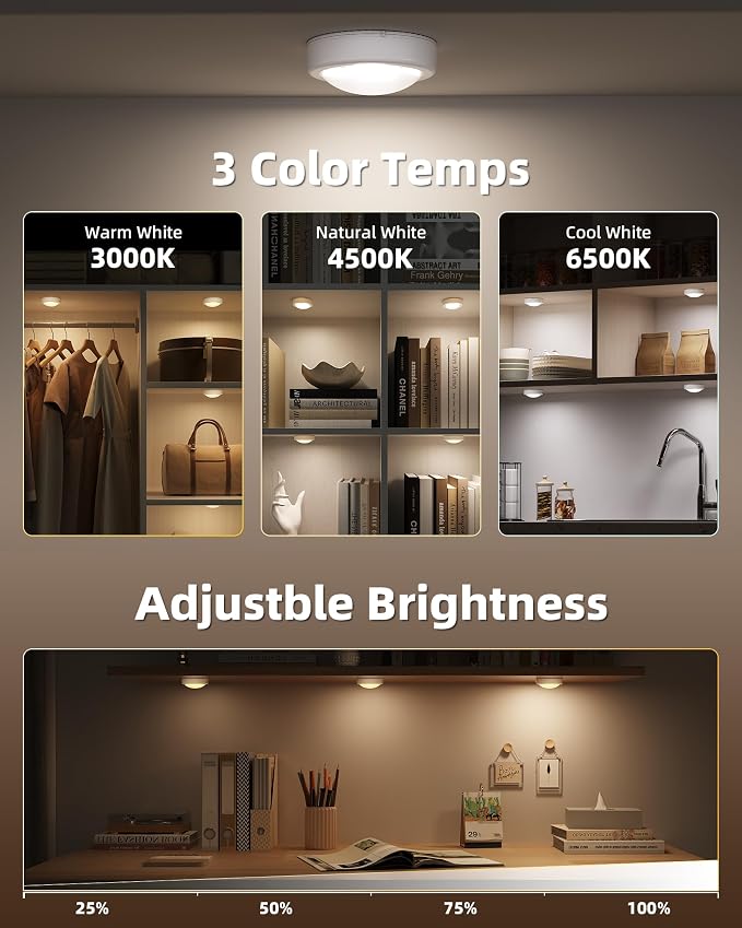 EZVALO Rechargeable Puck Lights with Remote, Under Cabinet Lighting, 2.95'' Mini Tap Lights, Dimmable Closet Light, 16 RGB Colors & 3 Color Temperatures, Stick-On Lights for Kitchen, Shelf (3 Packs)