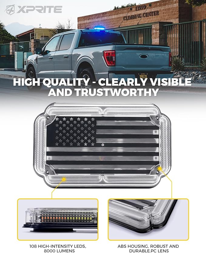 Xprite 108 LED Roof Top Strobe Light, US Flag Pattern Police Flashing Lights, Emergency Safety Warning LED Mini Strobe Lightbar w/Magnetic Base for Traffic Police Firefighter EMS Vehicle Truck, Blue