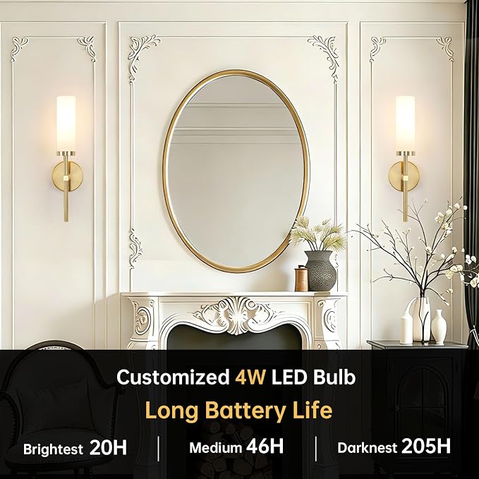 Shenmoyl Battery Operated Wall Sconces Set of 2, Gold Rechargeable Wall Lighting Fixtures, Dimmable Wall Lights with Remote & Opal Glass Shade for Living Room, Bathroom,Bedroom