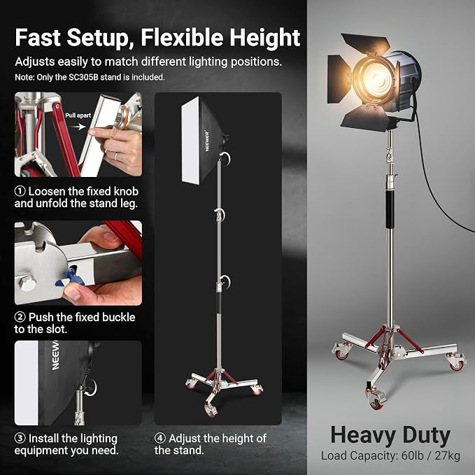 NEEWER Basics 4.3-10ft Photography Light Stand with Casters, SC305B | 100% Stainless Steel, Heavy Duty Tripod Stand, for Strobe LED Video Ring Light Monolight Softbox Reflector, 66lb Max Load