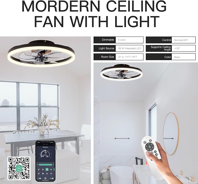 20'' Modern Low Profile Ceiling Fan with Light, Bedroom LED Ceiling Fan with Remote Control, Bladeless Flush Mount Black Fan Lights Ceiling Fixtures for Living Room,Small Room