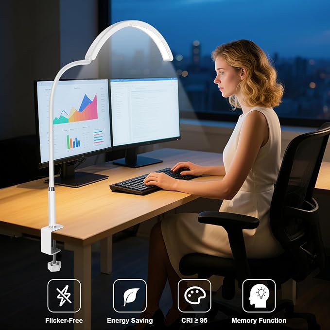 Professional Half Moon LED Desk Light for Nail Techs & Artists – Flexible Gooseneck Lamp with Clamp, 5 Color Modes & 5 Brightness Levels for Manicure, Tattoo, Beauty Work