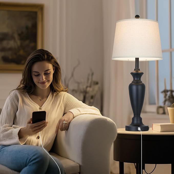 30" Tall Black Table Lamps Set of 2 for Living Room, Touch Control Bedside Lamps for Nightstand, 3-Way Dimmable Bedroom Table Lamp with USB A+C Ports and AC Outlet (2 LED Bulbs Included)
