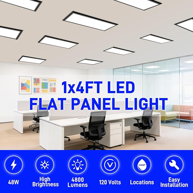 hykolity 1x4 LED Flat Panel Light,4800LM,3CCT 3000K/4000K/5000K | 48W Dimmable Edge-Lit Ceiling Fixture,Built-in Driver, Flush Mount Light Fixture for Kitchen,Garage,Office,Workshop,4 Pack