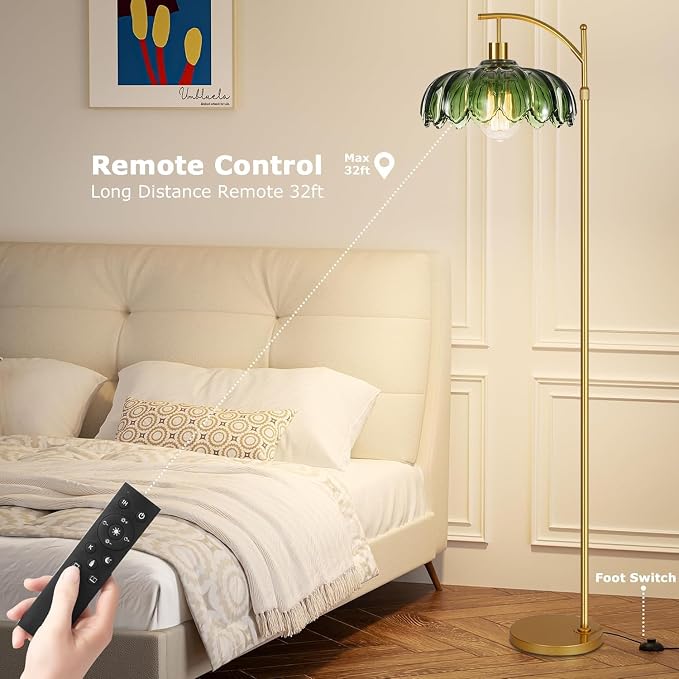 ILLMTW Gold Floor Lamp for Living Room,Bedroom,Mid Century Modern Standing Lamp with Remote,Dimmable Brass Tall Lamp Vintage Retro Green Glass Arc Floor Flower Floor Light Boho Bohemian