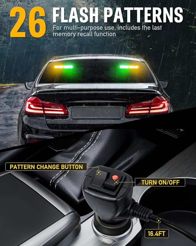 HLauto 1002L Emergency Strobe Traffic Advisor Light Bar: 40 LED Dash Safety Warning Flashing Light, Front/Rear Windshield Visor for Construction Vehicle, Tow/Plow Truck (2x10.7inch, Amber Green)