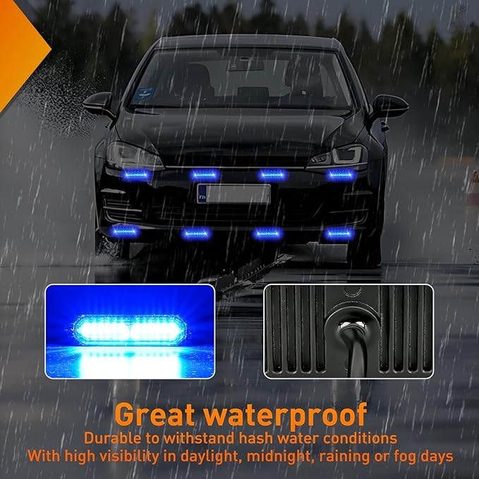 Nilight 8PCS Led Strobe Lights 12LED Blue Emergency Light 12V 24V Surface Mount Flashing Warning Hazard Beacon Ultra Slim Sync Feature Mini Grille for Cars Trucks Off Road Vehicles SUV