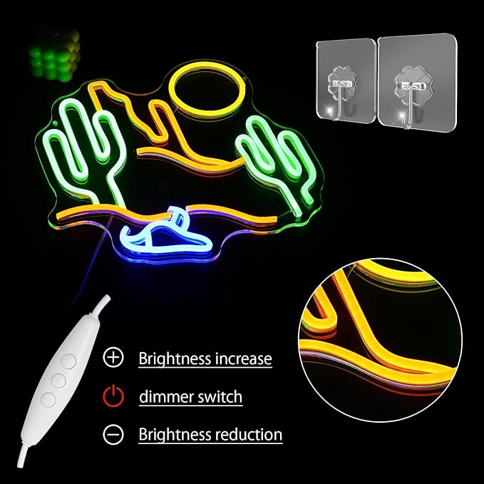 Desert Cactus Neon Sign for Wall Decor Desert Neon Light Sun LED Neon Sign Cactus Neon Light Up Sign for Bedroom Living Room Hotel Bar Scenic Area Decoration(13.7"*12.9")