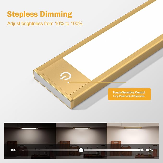 V4light Motion Sensor Cabinet Light, Rechargeable, Dimmable, 4Pcs, 9in | Gold aluminum, magnetic wireless, 1800mAh, 3 color temps & dimmable, ideal for kitchen, closet, shelf & stair