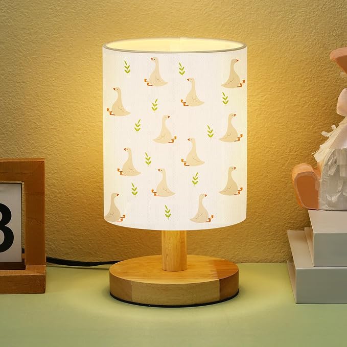Silly Goose Kids Table Lamp for Bedroom Kids Bedside Lamp with Linen Wooden Nightstand Cartoon Nursery Lampshade for Girls Boys Living Room