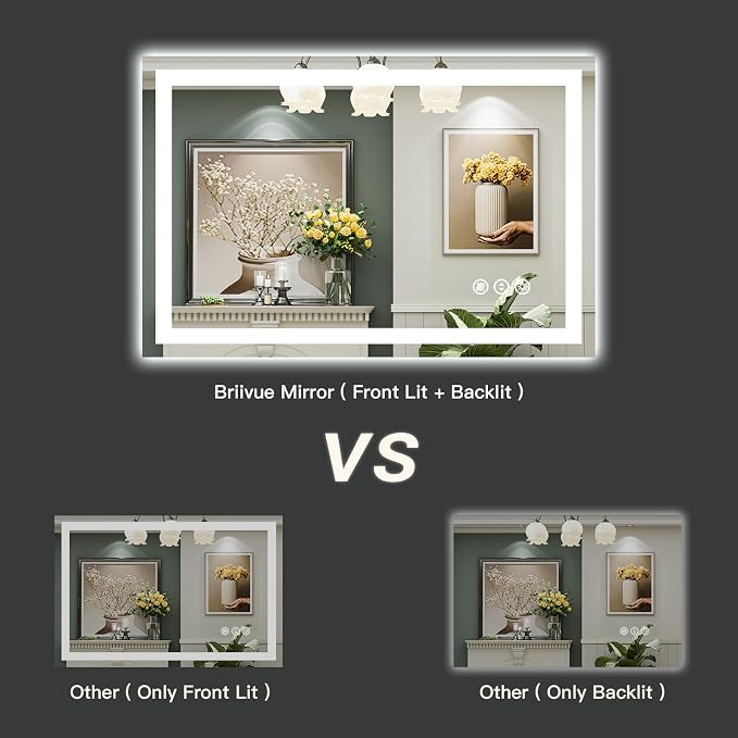 48x40 Inch LED Bathroom Mirror with Lights, Backlit & Front Lit | Anti-fog, 3 Color Dimmable, Memory Function, HD Reflection Tempered Glass, ETL Listed, IP54 Waterproof