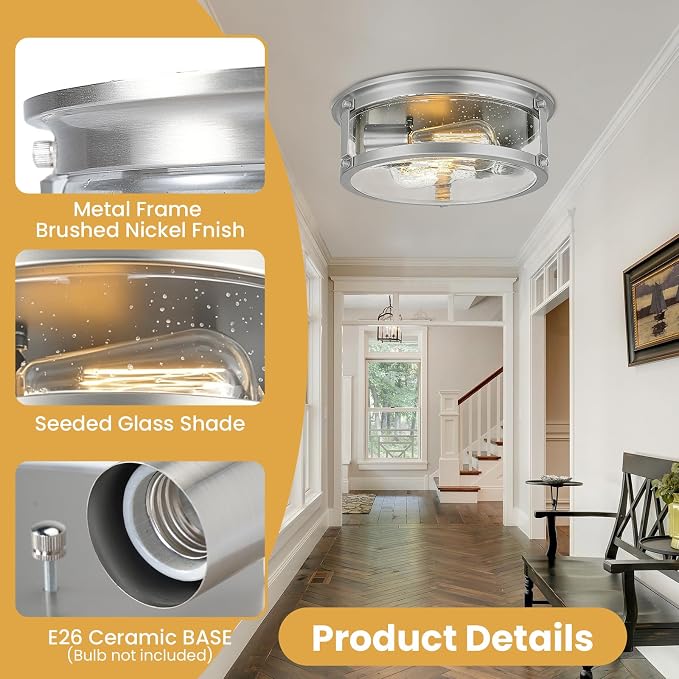 2-Light Brushed Nickel Flush Mount Ceiling Light Fixtures | Seeded Glass, 12 inch Minimalist Close to Ceiling Lighting, For Hallway, Kitchen, Entryway, Bedroom