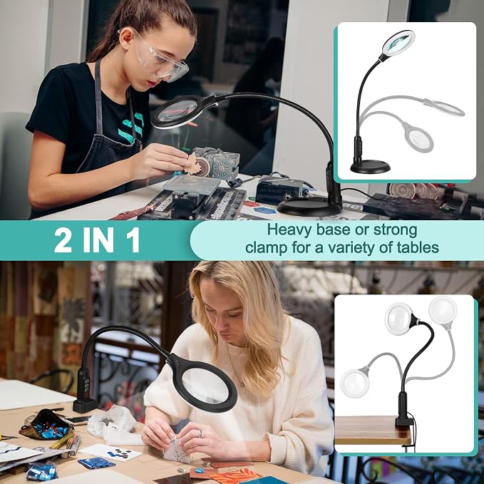 10X Magnifying Glass with Light and Clamp, 5 Color Modes Stepless Dimmable Lighted Magnifier with Stand, Flexible Gooseneck LED Desk Lamp Hands Free for Craft Reading Painting Hobby Close Work