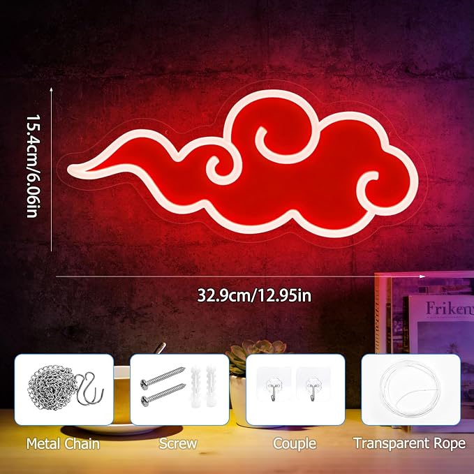 Anime Neon Sign, UV Printed Red Cloud LED Neon Light Signs for Wall Decor | Dimmable Gaming Neon Sign USB Night Neon Light for Bedroom Game Room Man Cave Party, Gifts for Your Son, Boyfriend