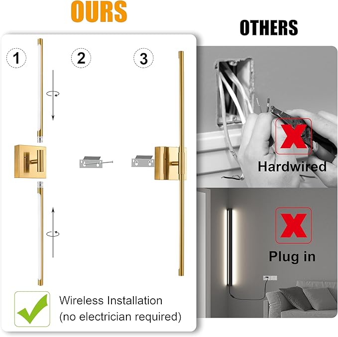 10000mAh Gold Battery Operated Wall Sconces Set of 2, 3 Color Dimmable Rechargeable Wall Light with Remote, 24 Inch Wireless Sconce Wall Lighting with Timer Function for Living Room, Bedroom, TV