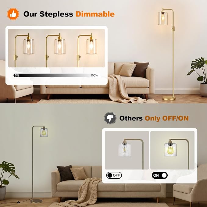 【Upgraded】 Dimmable Floor Lamp for Living Room with Seeded Glass Lampshade, Gold Modern Glass Floor Lamp with 900LM LED Bulb Included, Arc Standing Tall Lamp for Bedroom, Office, Reading Room, Corner