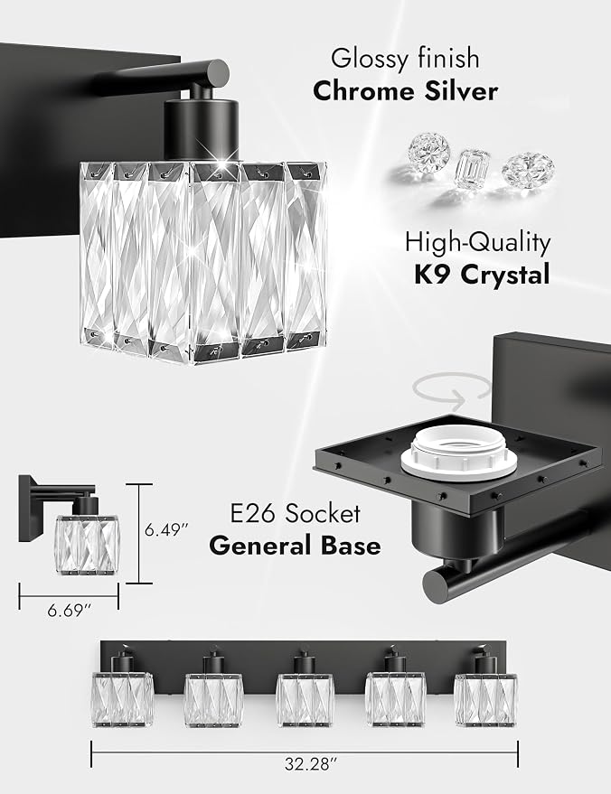 VOLISUN Black Bathroom Light Fixtures, Modern Bathroom Lighting Fixtures Over Mirror, 5 Light Bathrooms Vanity Light, Crystal Vanity Light for Bathrooms-UL Certificated(Exclude Bulb)
