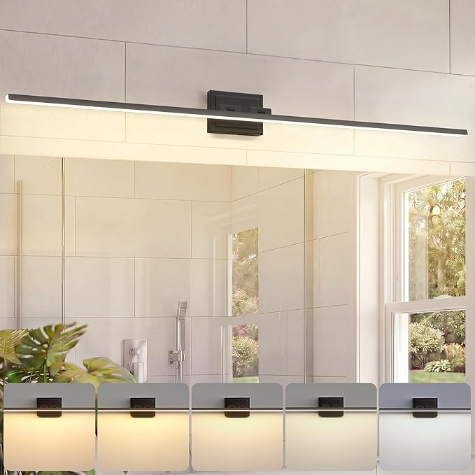 VOLISUN Modern Bathroom Vanity Light 55 inch, Rotatable, 36W Dimmable 5CCT Led Bathroom Light Fixture Over Mirror, Black Bar Vanity Light for Bathroom Mirror Cabinets-ETL Certificated