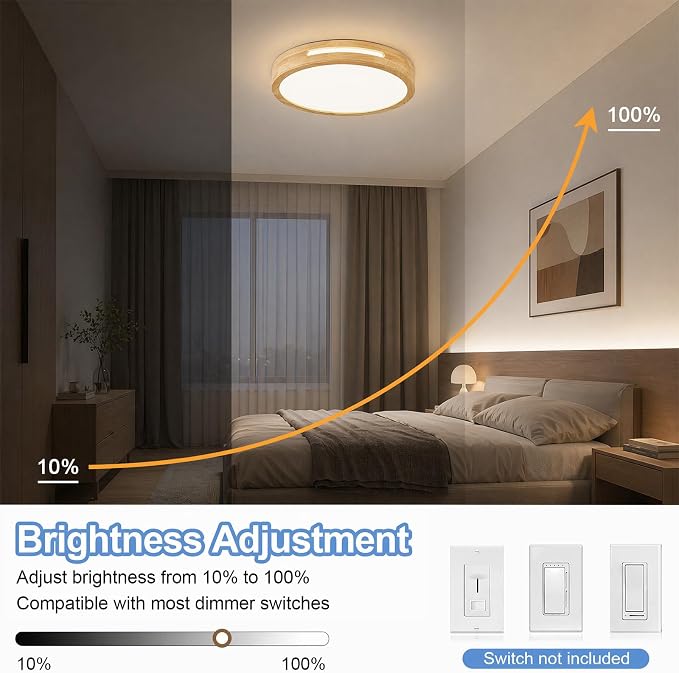 Pevfah Modern Wood Flush Mount Ceiling Light, Round Dimmable Close to Ceiling Lighting Fixtures, Minimalist LED Ceiling Lamp for Bedroom, Kitchen, Hallway, Laundry Room, 2700K-6000K 5CCT, 15.74in