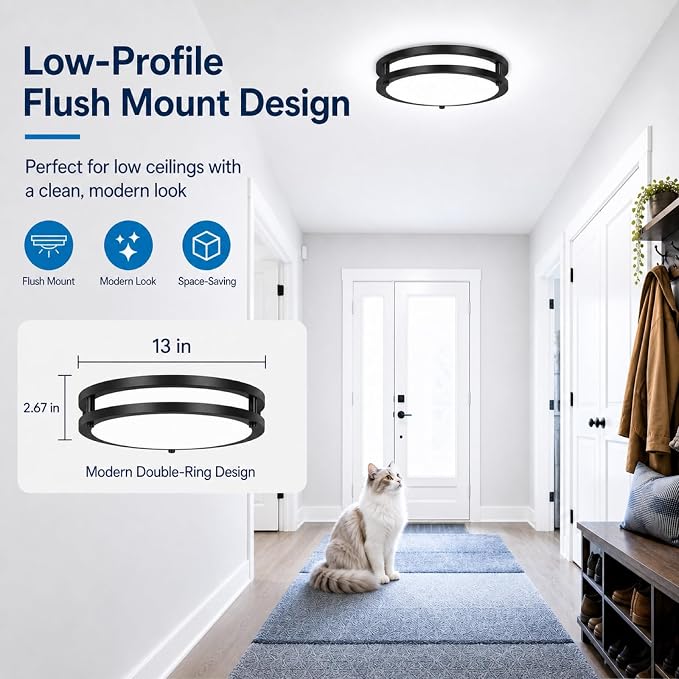 13in 36W Black Dimmable LED Ceiling Lights, 2-Pack 3600lm Super Bright Modern Flush Mount Light Fixtures, 2700K-6500K Adjustable Round Ceiling Lamps for Hallway Laundry Room Commercial Residential Use