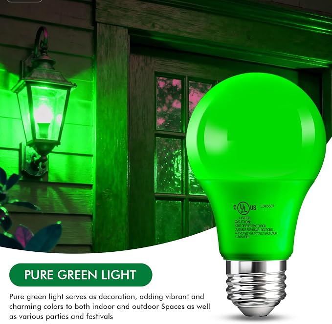 TJOY Green LED Light Bulb Outdoor Porch Halloween, A19 Colored 60 Watt Eq | Green Colored LED Lights, 5W E26 Base, Christmas Indoor Party Bedroom Decoration, Non-Dimmable, 4 Pack