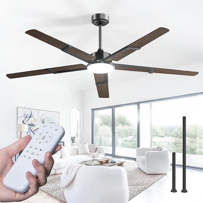 Amico 62 Inch Ceiling Fans with Lights and Remote, Walnut | 6 Speed Reversible DC Motor, 3CCT, Dimmable, Quiet, Timer, Large Modern Ceiling Fan for Living room, Indoor/Outdoor
