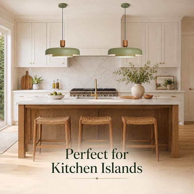 Mid Century Green Pendant Light: 20" 2-Tiered Lighting Over Kitchen Island | Wood Brushed Brass Hanging Ceiling Light, Modern Nordic Metal Pendant Light, For Dining Room Sink Bedroom Hallway Entryway