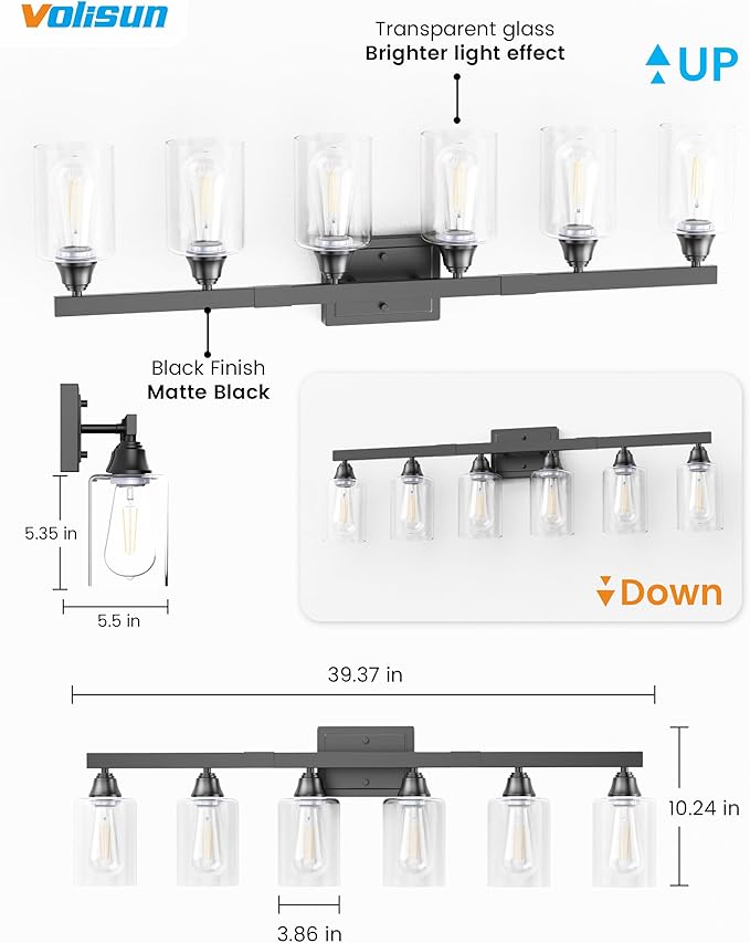 VOLISUN Matte Black Bathroom Light Fixtures, 6-Light Bathroom Vanity Light Over Mirror, Modern Vanity Lights for Bathrooms, Bathrooms Lights Fixtures Over Mirror with Clear Glass Shades