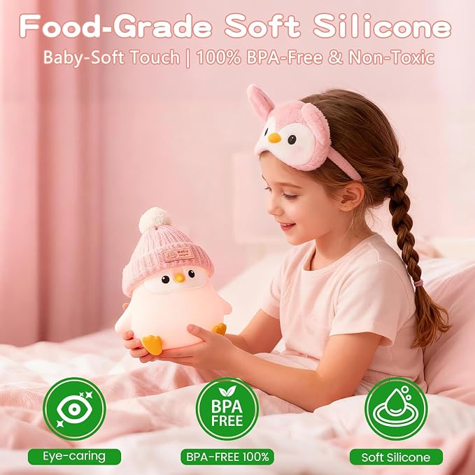 FAMIDUO Penguin Night Light,Cute Pink Penguin Lamp with Hat,Kids Room Decor | Safe Silicone Nursery Nightlight ,Rechargeable/Dimmable/Timer LED Squishy Animal Bedside Touch Lamp,Funny Gift for Girls