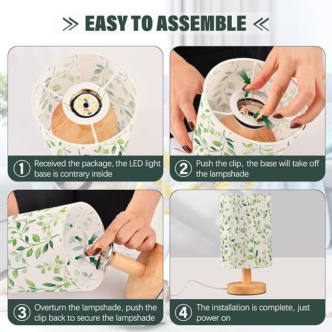 Watercolor Green Leaves and Vines Bedside Table Lamps with USB Port for Bedroom Lamp Table Lamp Small Nightstand Lamp Sturdy Linen Shade Wooden Decorative Lamps for Home Dorm Office Living Room