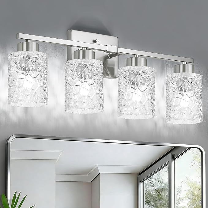 4-Light Bathroom Light Fixtures, Brushed Nickel Vanity Lights Over Mirror | Wall Sconces with Clear Textured Glass Shades for Living Room Bedroom Hallway,E26 Base (Bulbs Not Included)