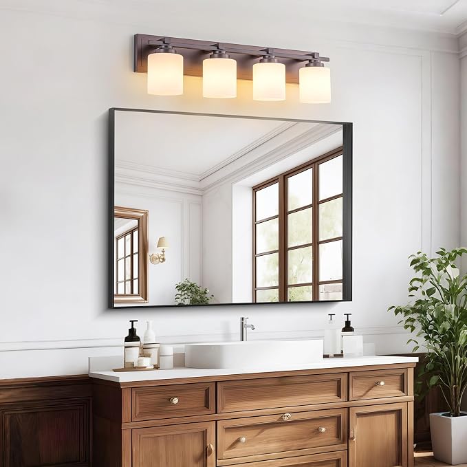 Modern Bathroom Light Fixtures Over Mirror, Vanity Lights for Bathroom Wall Sconces with Milky White Glass Shades, E26 Socket (Bulbs Not Included), 4 Light, Oil Rubbed Bronze