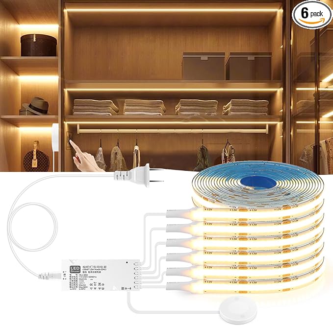 LED Under Cabinet Lighting Kit 6PCS 12V COB LED Strip Lights with 36W Adapter 1M/3.3FT Penetrable Wood Touch Dimmable Led Strip 3000k Flexible LED Cabinet Lights for indoor Kitchen ,Book Shelf, Closet