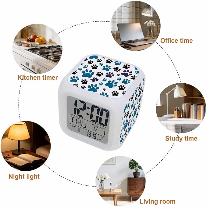 Alarm Clock Blue Paw Print Digital Clock Battery Operated Silent, Black Animals Cat Dog Colored Cartoon Decorative 7 Color LED Night Light Cube Alarm Clocks for Bedrooms Bedside Office
