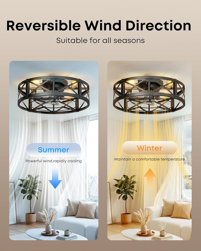 Caged Ceiling Fan with Light and Remote, 20" Low Profile Flush Mount Ceiling Fans with Light, 6 Speed, Timing, Reversible DC Motor, Small Farmhouse Fan Lights for Bedroon Kitchen Living Dining Room