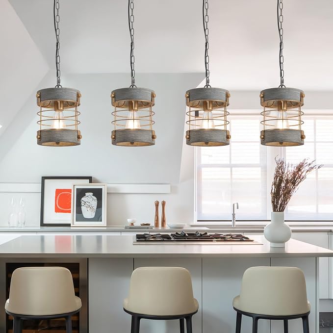 Farmhouse Pendant Light, Adjustable Metal and Wood Chandelier Light Fixture, Rustic Pendant Lighting for Kitchen Island, Bedroom, Dining Room and Entryway, Blue Gray