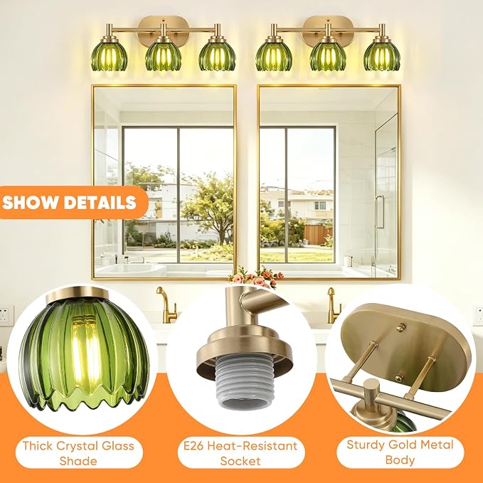 Bathroom Light Fixtures, 3-Light Brushed Gold Vanity Lights for Bathroom with Tulip Green Glass Shade, Bathroom Vanity Lighting Over Mirror, Gold Wall Lamps for Bedroom, Living Room, Hallway