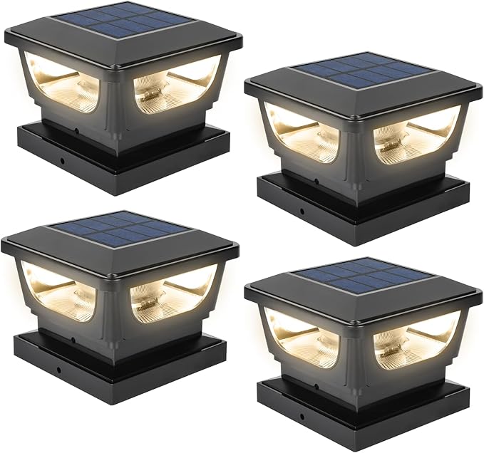 Sumaote Solar Post Cap Lights, 120 Lumen 3000K Warm White LED for 3x3 Metal/Vinyl & 4x4 Wood Posts, IP65 Waterproof Outdoor Garden Fence Deck Lighting, Dusk-to-Dawn Auto On/Off (4 Pack)