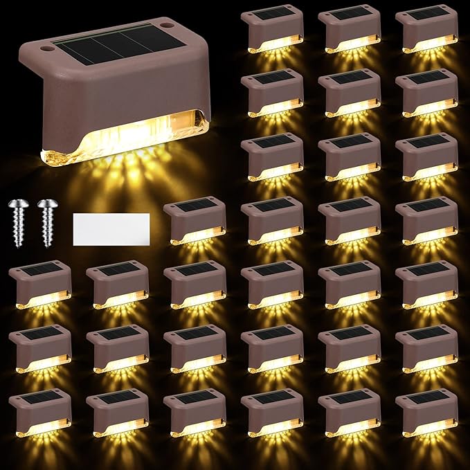 Geelin 32 Pcs Solar Deck Lights Outdoor, Waterproof LED Solar Step Fence Lights for Stairs, Step, Railing, Patio, Driveway, Garden, Pathway and Yard(Brown Shell Warm White Light)