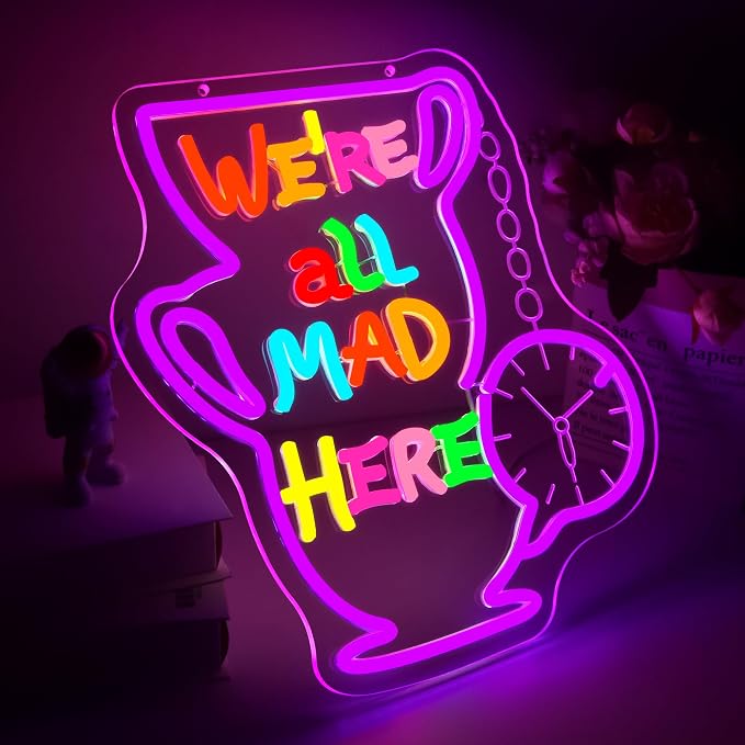 We All Mad Neon Sign for Wall Decor Fairy Tale LED Light for Man Cave | Dimmable fairy tale neon light, bedroom, living room tea party gothic decor, birthday gifts for fans, size 14.3*13.0 in