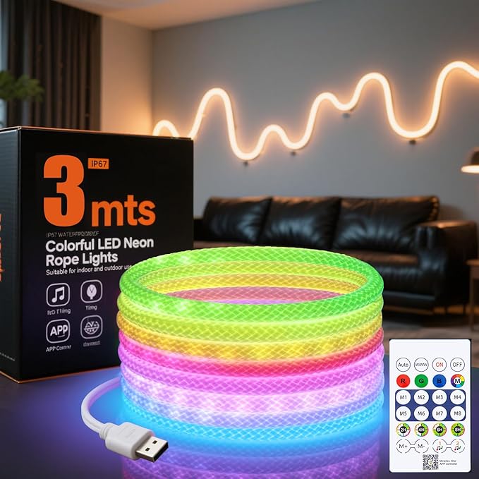 9.8ft LED Rope Lights, 5V Portable neon Lights, Suitable for Parties, Halloween, terraces, Christmas Camping Decoration, Bedroom DIY no Blind spot