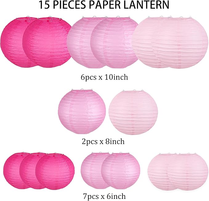 15-Pack Pink Paper Lanterns, Hanging Party Decorations | 6, 8 & 10 Inch Rose Red Gradient Shades for Wedding, Baby Shower, Girls' Birthday, Bridal Events, Flamingo Theme, Wedding