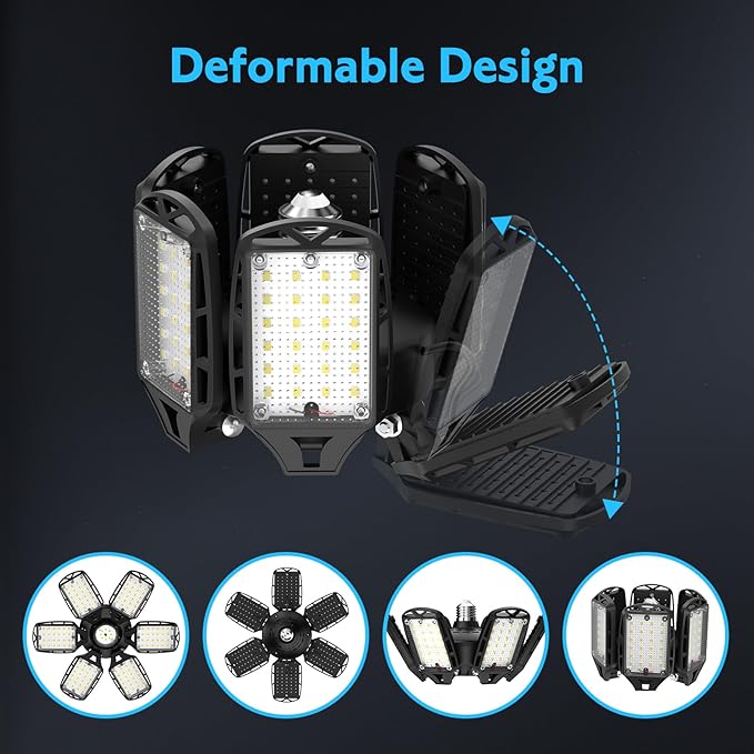LED Garage Lights 1 Pack, 18000LM 180W Deformable Shop Light with 6+1 Adjustable Panels, 6500K Daylight White Ceiling Light for E26 Base, Ideal for Garage/Basement/Barn