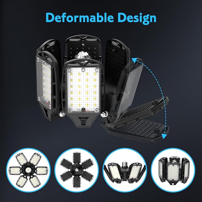 LED Garage Lights 2 Pack, 18000LM 180W Deformable Shop Light with 6+1 Adjustable Panels, 6500K Daylight White Ceiling Light for E26 Base, Ideal for Garage/Basement/Barn